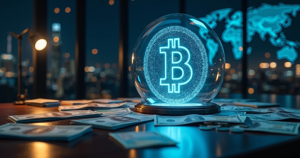 Conexão entre moeda digital em holograma e moedas físicas sobre mesa escura