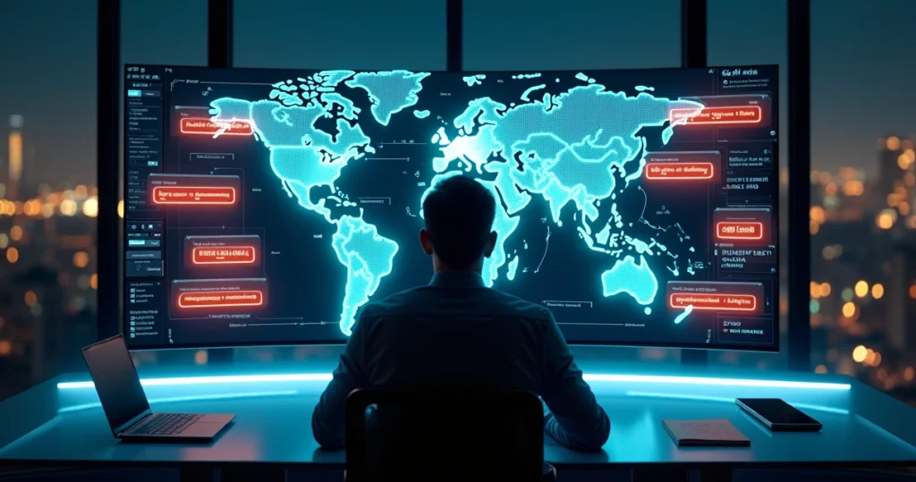 Empresário analisando custos ocultos em painel digital de câmbio