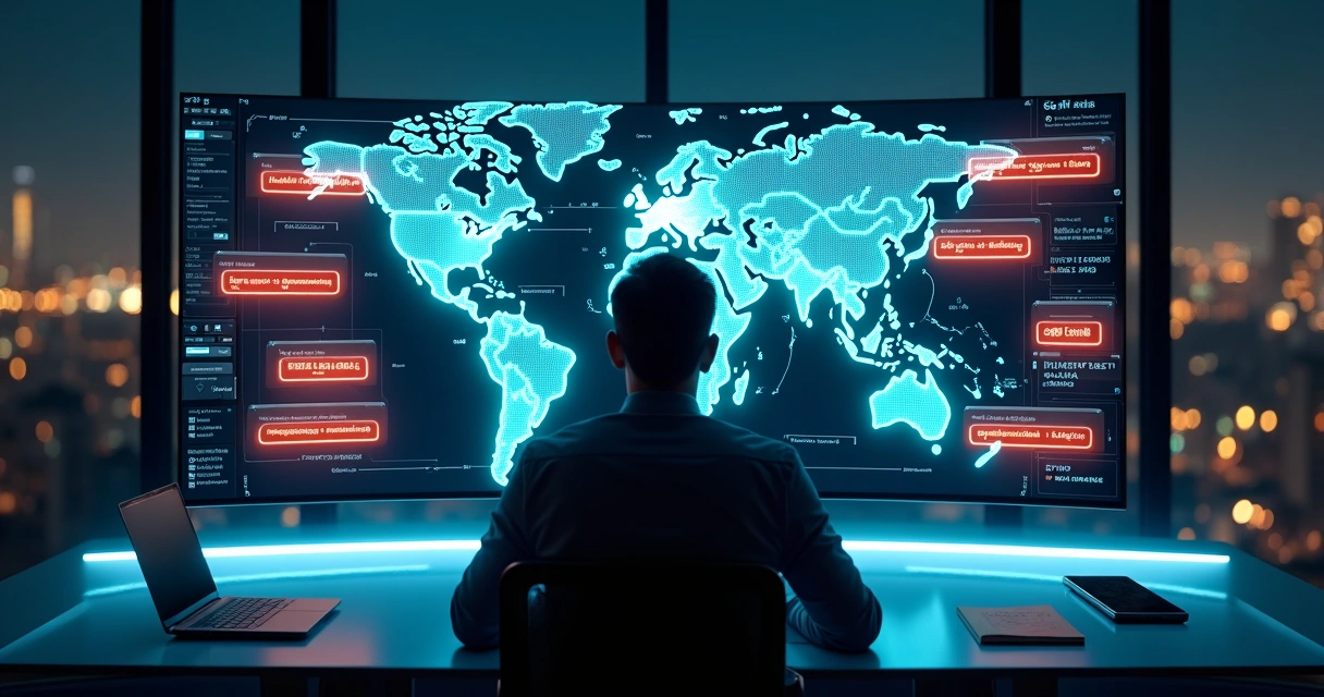 Empresário analisando custos ocultos em painel digital de câmbio