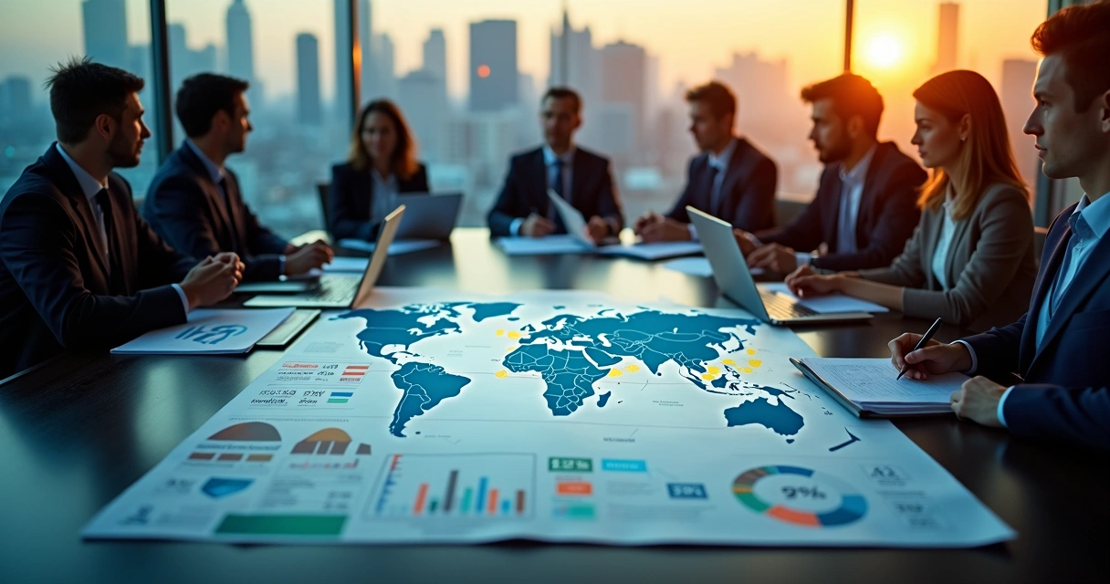 Executivos analisando mapas e gráficos de câmbio em mesa de reunião moderna