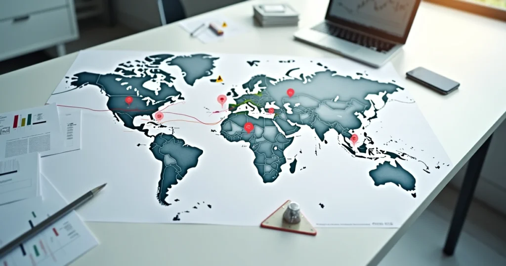 Mapa-múndi com setas de investimentos internacionais e ícones de alerta financeiros