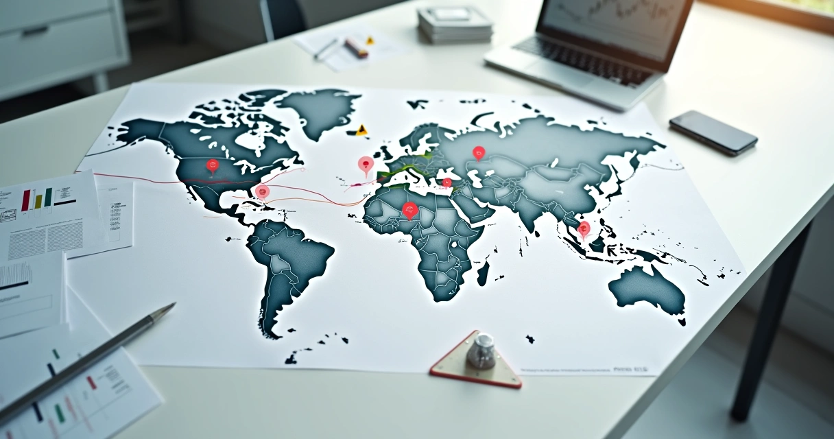 Mapa-múndi com setas de investimentos internacionais e ícones de alerta financeiros