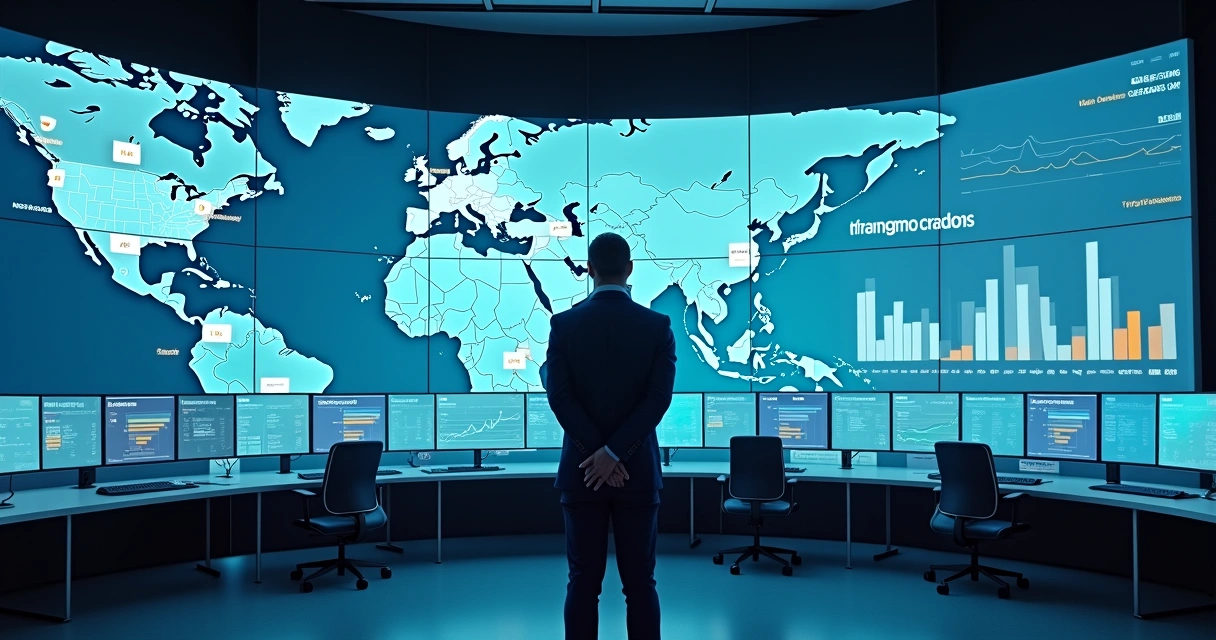 Profissional observando grande painel digital de pagamentos internacionais em várias moedas