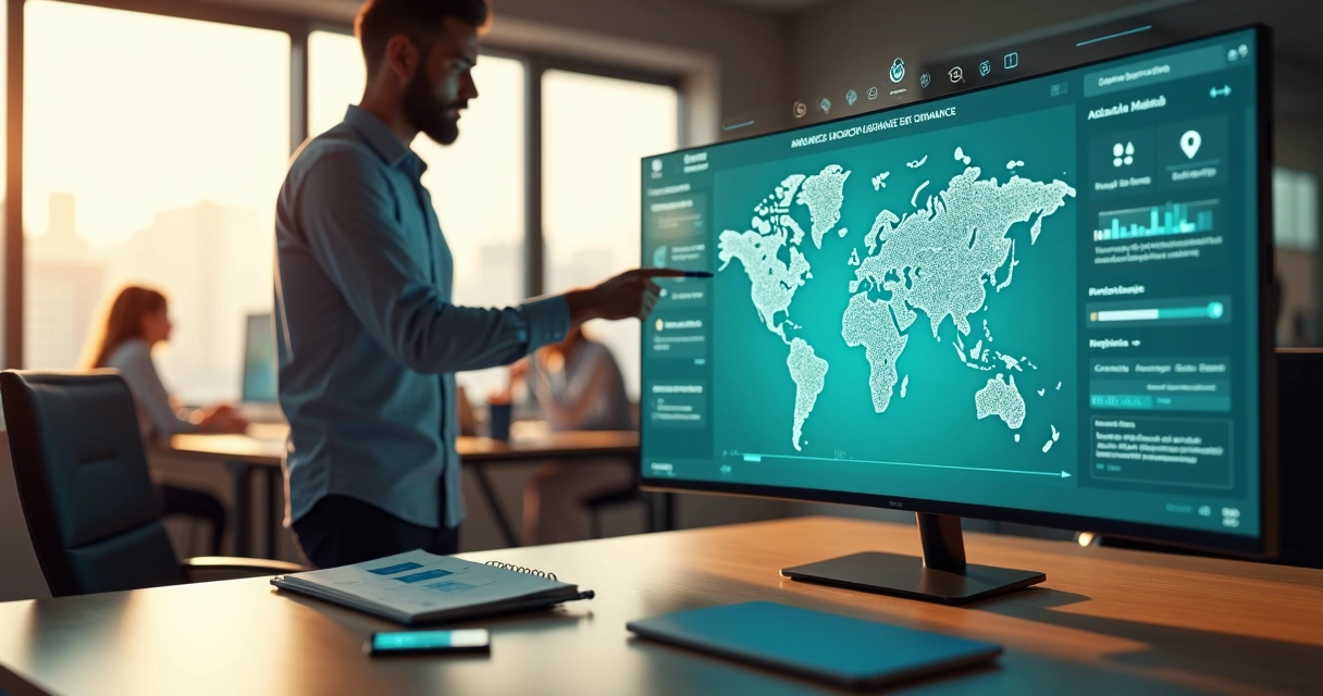 Gestor de PME analisando painel digital de fluxo cambial automatizado