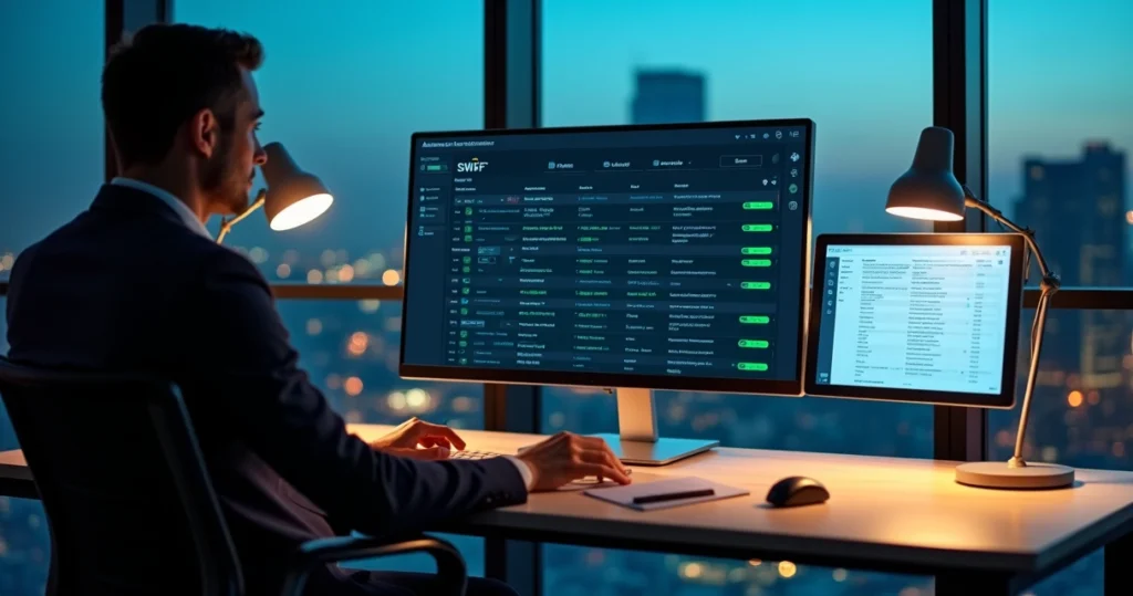 Profissional conferindo painel digital com recibos swift automatizados e organizados