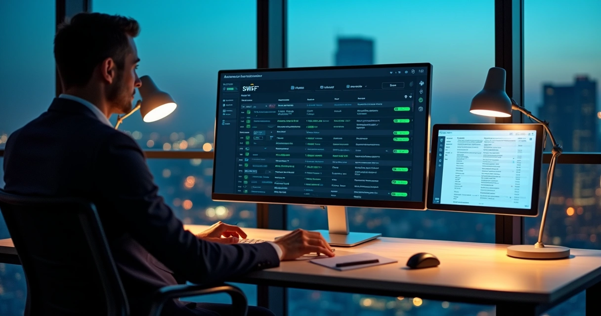 Profissional conferindo painel digital com recibos swift automatizados e organizados