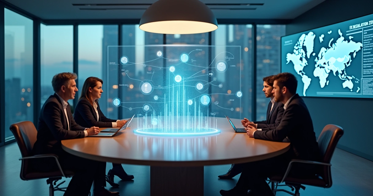 Diretores financeiros em mesa redonda avaliando regras de câmbio em tela digital