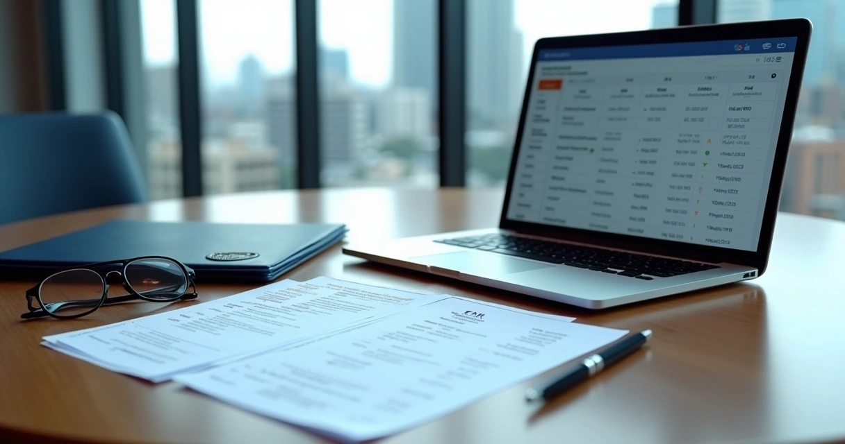 Mesa com formulários fiscais internacionais e laptop exibindo códigos TIN
