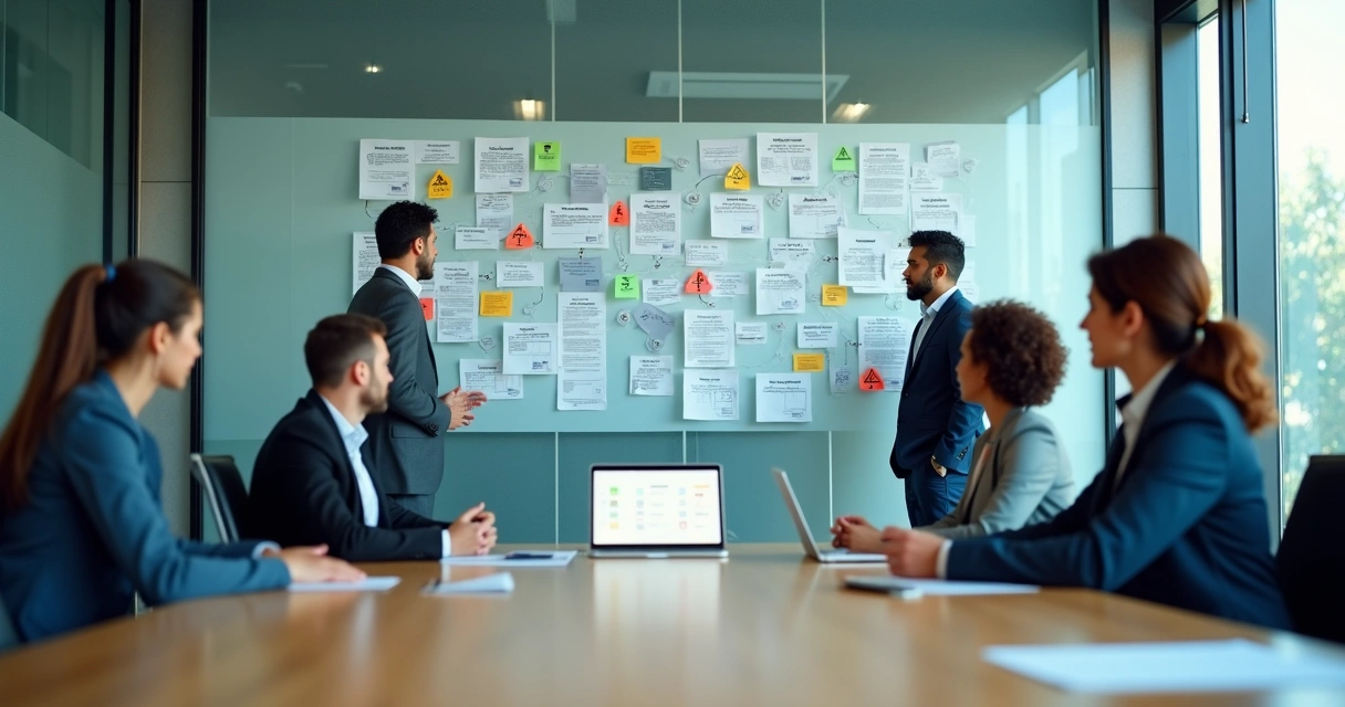 Equipe executiva observando mural com sinais de alerta em processos cambiais da empresa