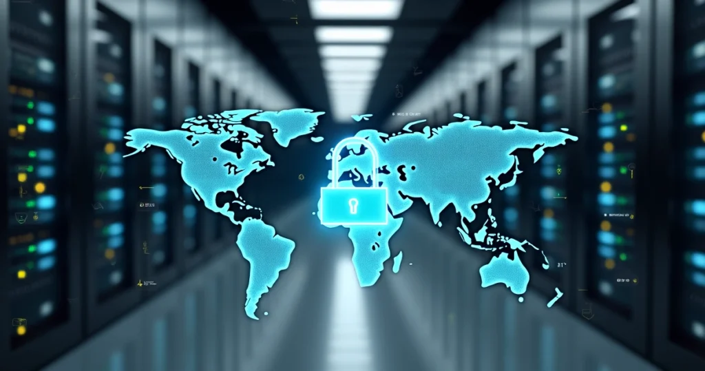 Corredor de servidores com cadeado digital sobre mapa mundi transparente e fluxo de dados