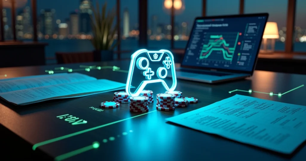 Mesa com símbolos de igaming conectados a documentos fiscais e rastros digitais