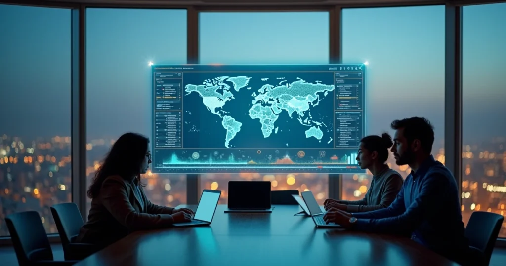 Vista aérea de equipe usando painel web transparente com fluxo de pagamentos internacionais