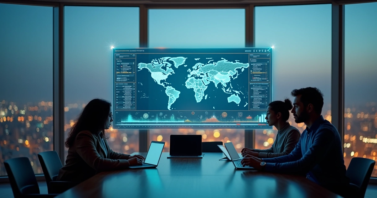 Vista aérea de equipe usando painel web transparente com fluxo de pagamentos internacionais