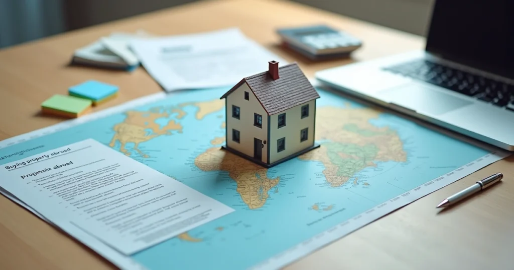 Mapa, casa em miniatura e documentos simbolizando compra de imóvel no exterior