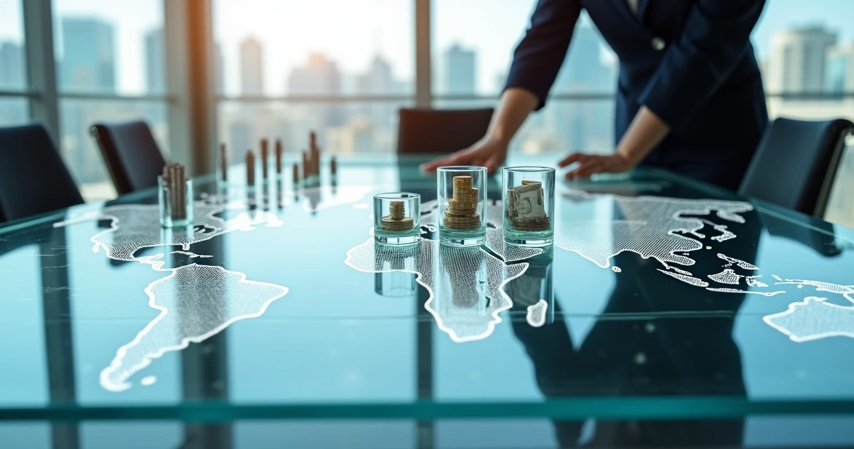 Empresária ajustando peças de moedas em tabuleiro de xadrez com prédios de diferentes países ao fundo
