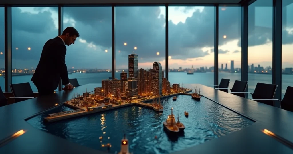 Executivo observa miniaturas de navios e moedas sob tempestade silenciosa em maquete de cidade costeira