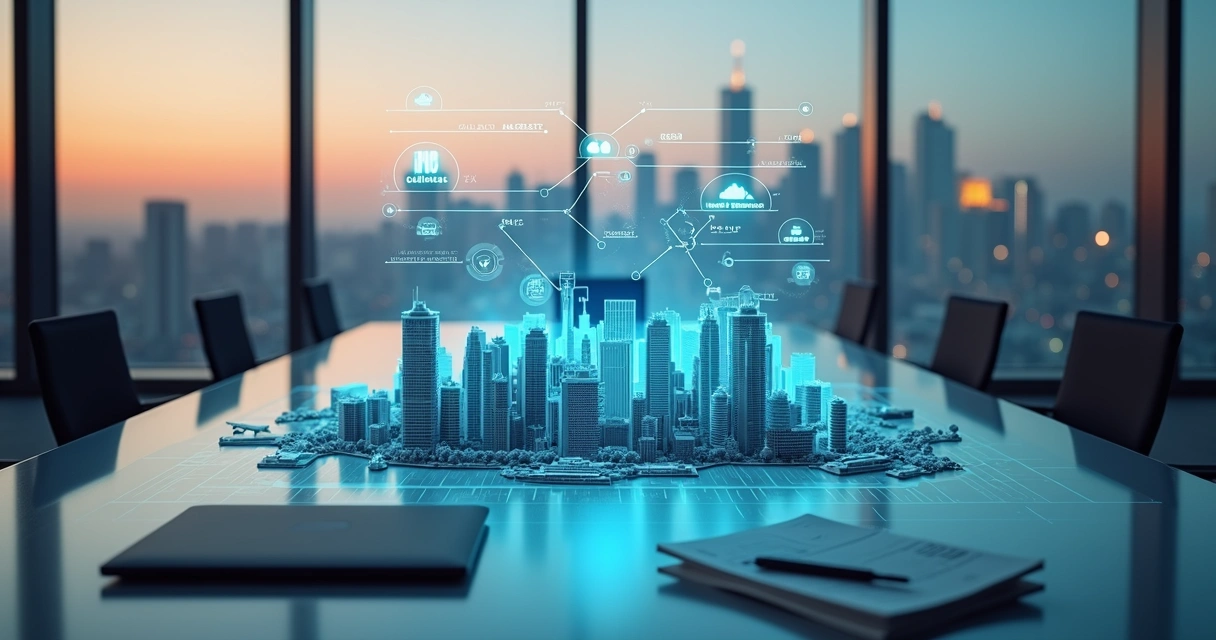 Balanço financeiro projetado em holograma sobre maquete de cidade global