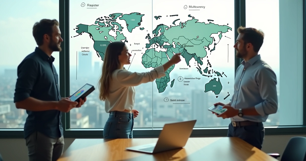 Fundadores de startup planejando pagamentos internacionais em lousa com mapa e moedas