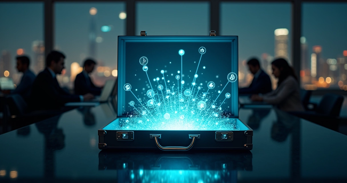 Maleta aberta revela fluxos de moedas digitais conectando empresas em diferentes países